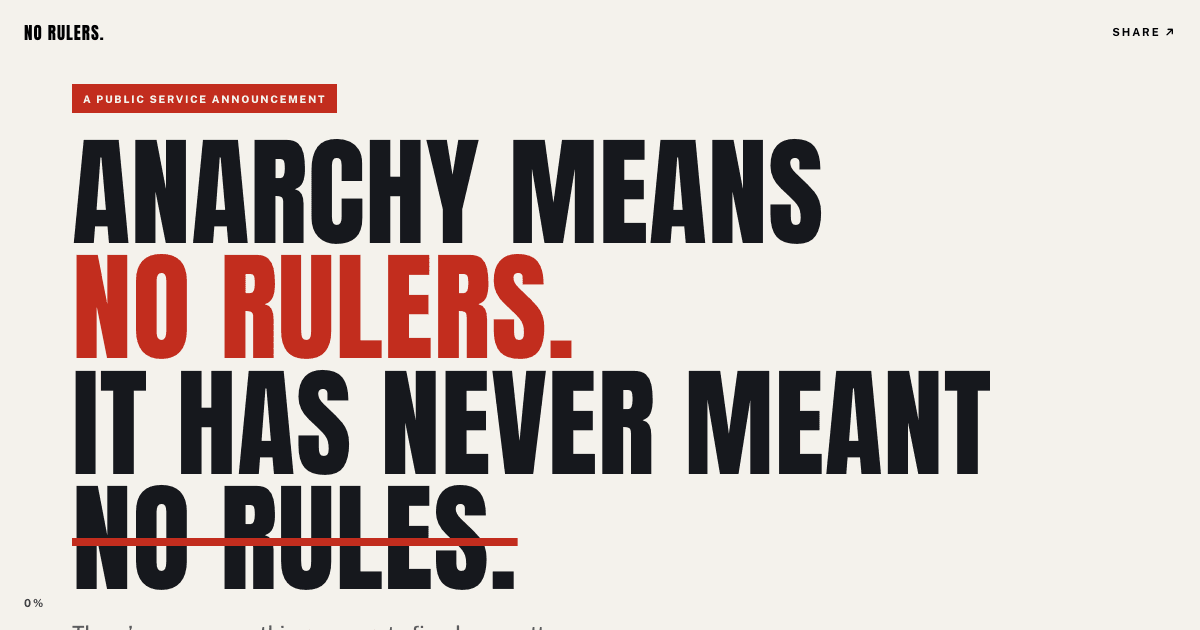 No Rulers homepage stating that anarchy means no rulers and has never meant no rules